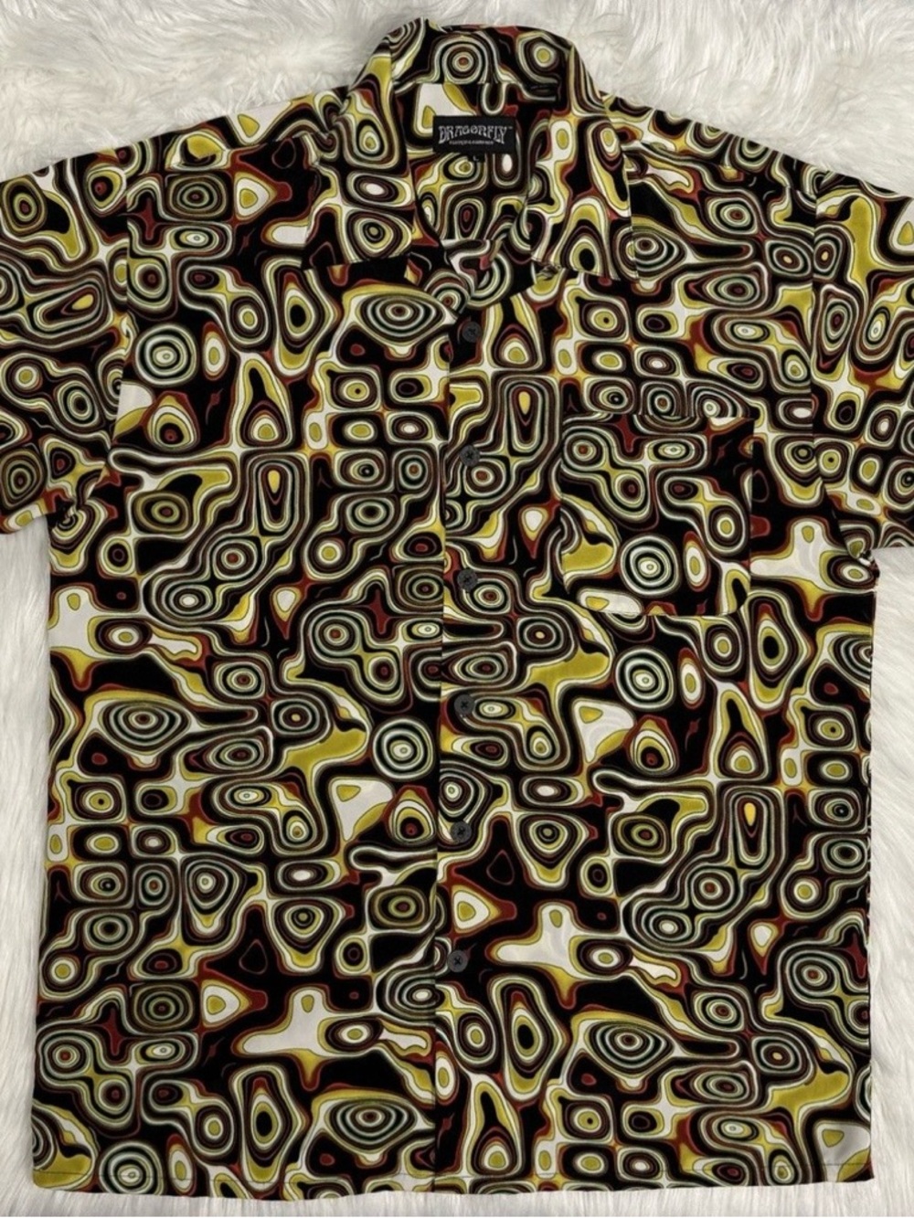 Abstract Psychedelic Pattern Button Shirt - Dragonfly 70s Boho Art Wave Print - Picture 2 of 4